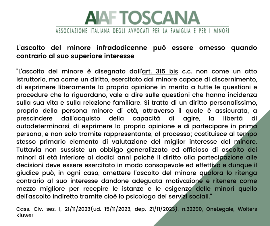 Rassegna giurisprudenziale: L’ascolto del minore infradodicenne può essere omesso quando contrario al suo superiore interesse